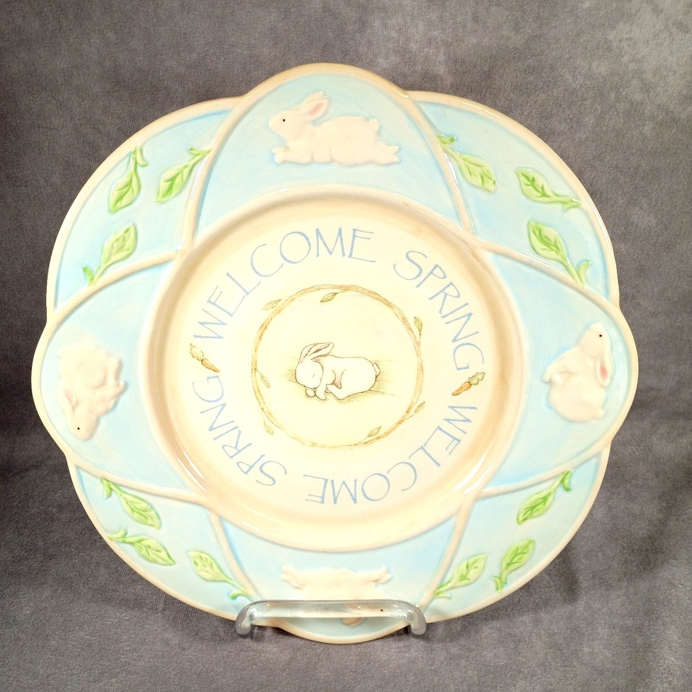 Welcome Spring Bunny Rabbit Plate Blue Green Easter Decorative Russ Berrie